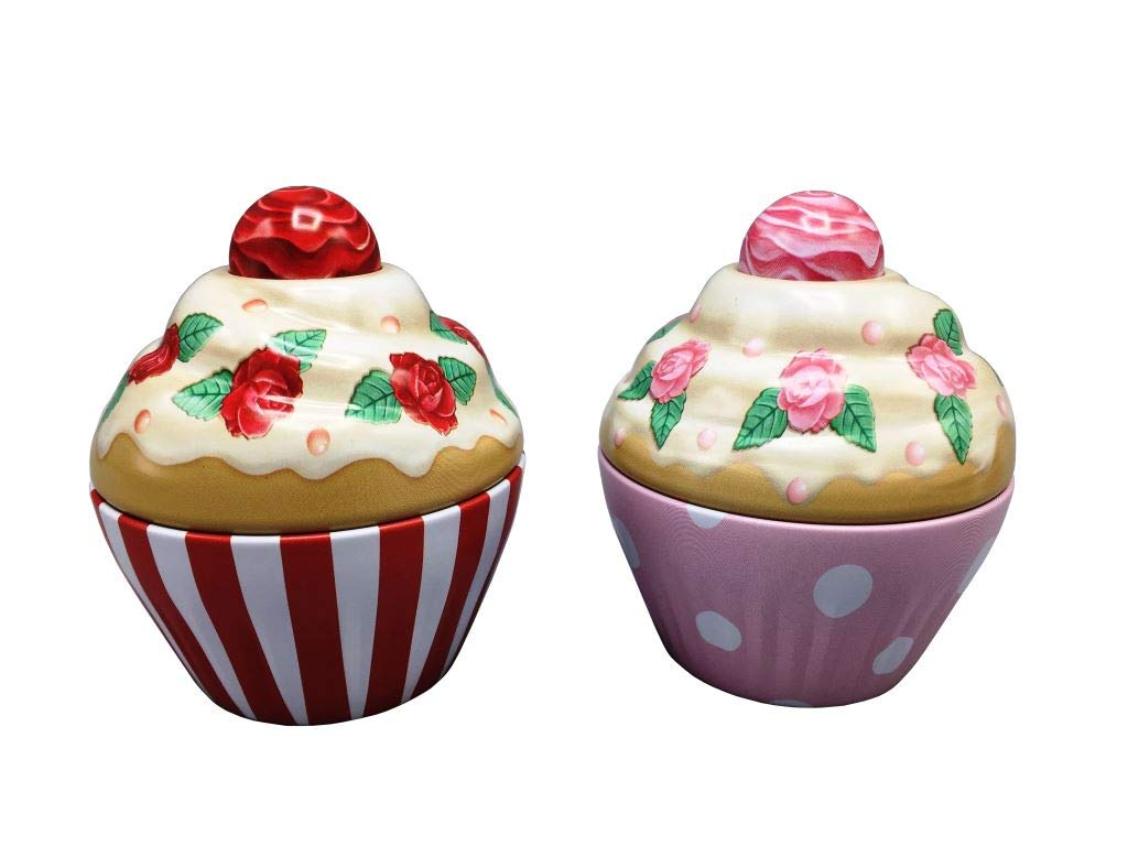 stylebox Set di 2 Barattoli di Latta a Forma di Cupcake, Rosso Bianco Rosa e Coperchio Decorato con Rose, Dimensioni: 8x8 cm, Volume: 120 ml