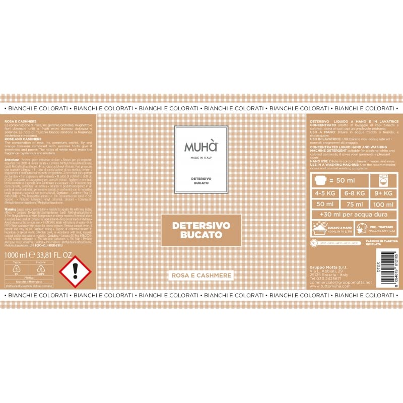 Muhà - Detersivo Bucato Liquido 1000ml Rosa e Cashmere