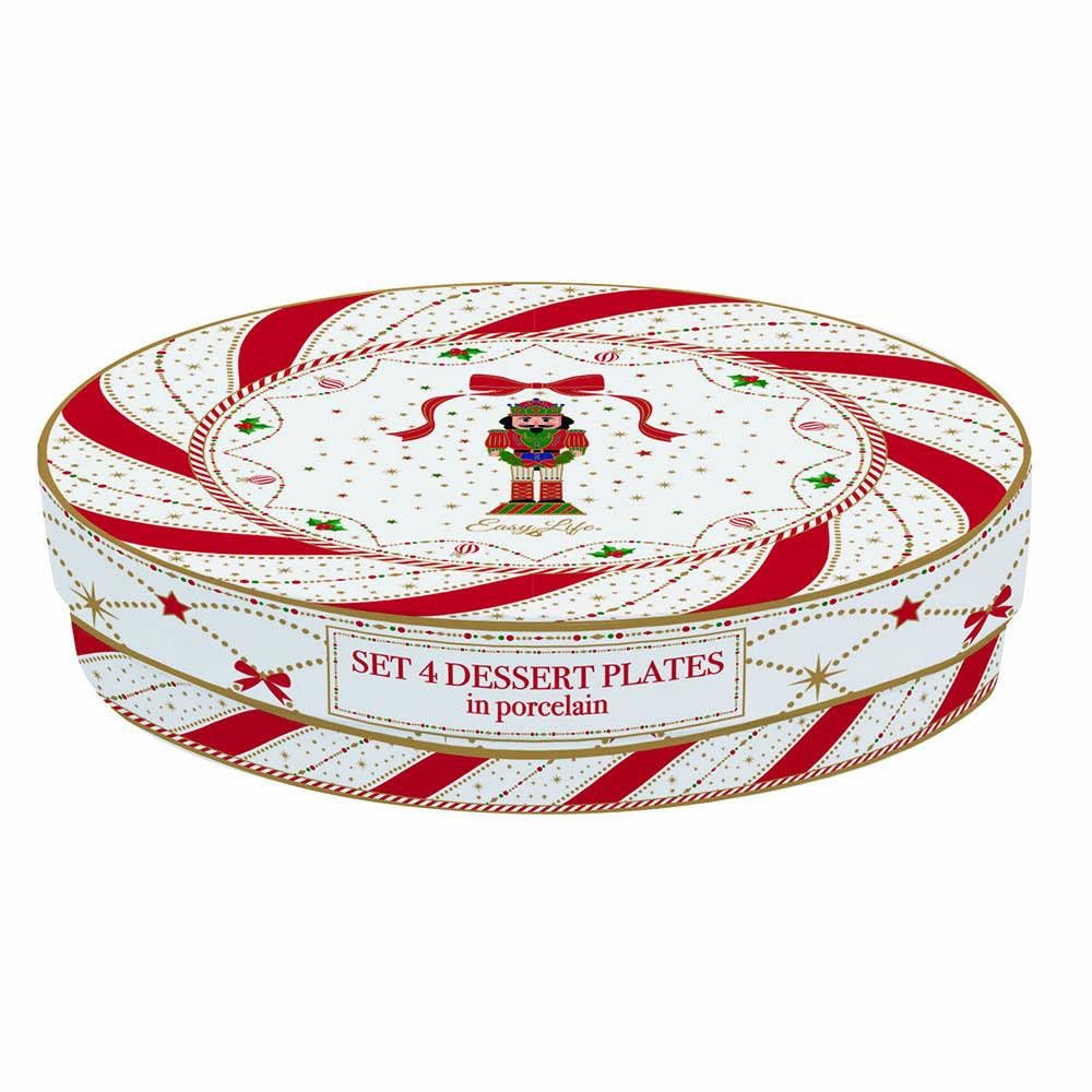 Easy Life - Set 4 Piatti Dessert in Porcellana in Box Regalo "Nutcracker Twist"