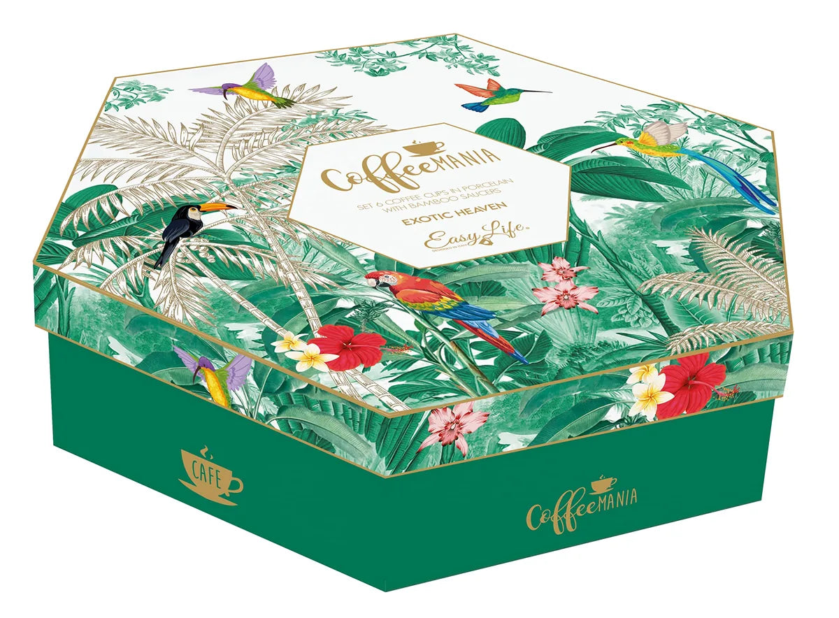 Easy Life Set 6 tazze da caffè in porcellana multicolore con piattini bambù