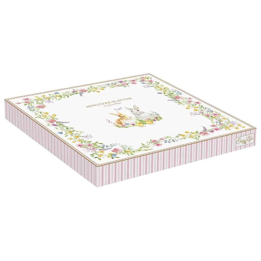 Easy Life vassoio quadrato porcellana Happy Easter conigli fiori 25x25 cm bianco