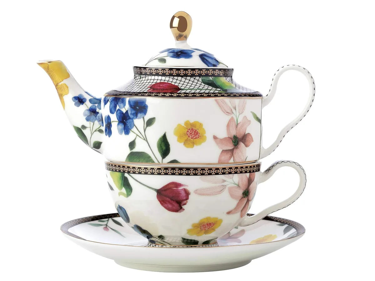Maxwell & Williams Set Teiera e Tazza Contessa porcellana bianca motivo floreale