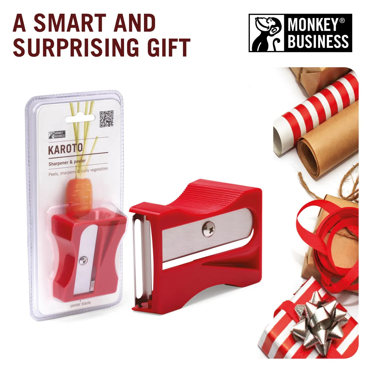 Monkey Business Pelaverdure rosso - utensile decorativo per verdure, design colorato per cucina