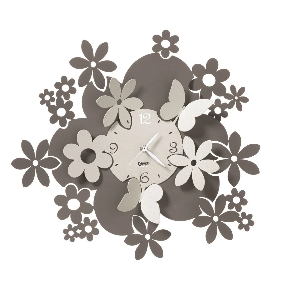 Arti & Mestieri Orologio da parete Daisy ferro con fiori decorativi e farfalle, disponibile in Avorio Bianco Marmo