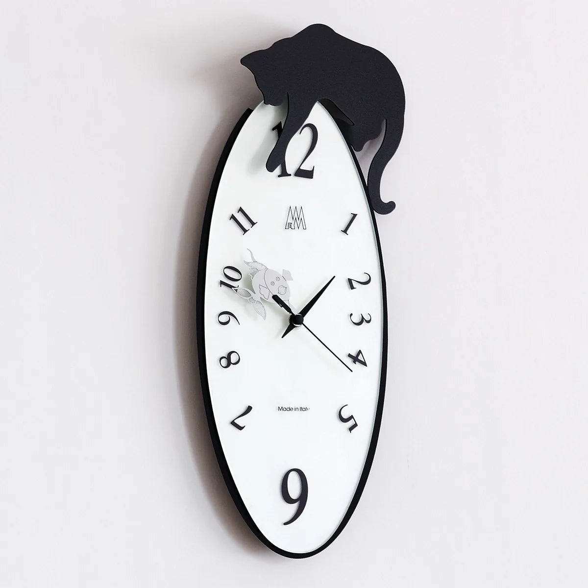 Arti & Mestieri orologio da parete Tommy nero design ovale gatto uccellino alluminio