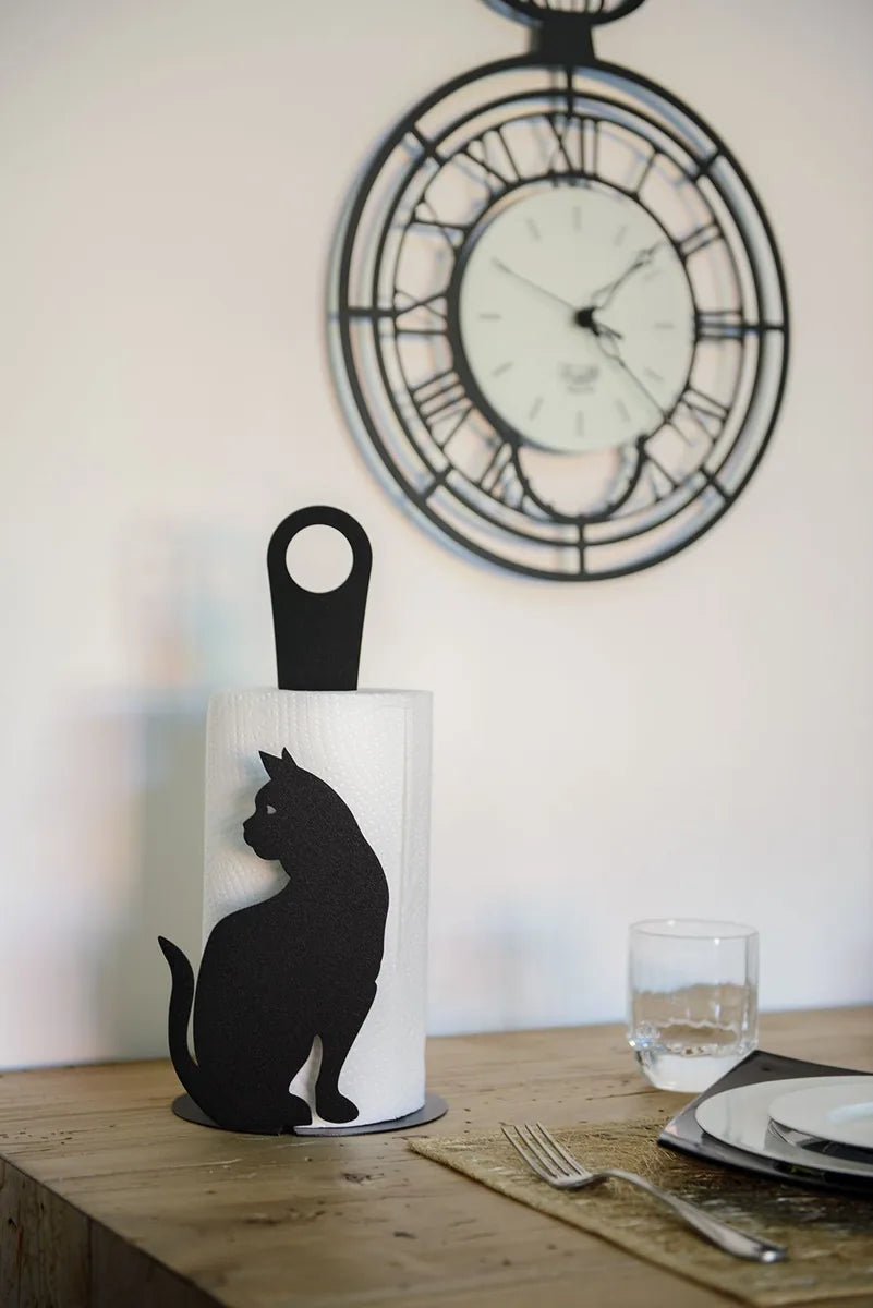 Arti & Mestieri Porta Rotoli da Cucina Gatto in ferro, Bianco e Nero - Design italiano