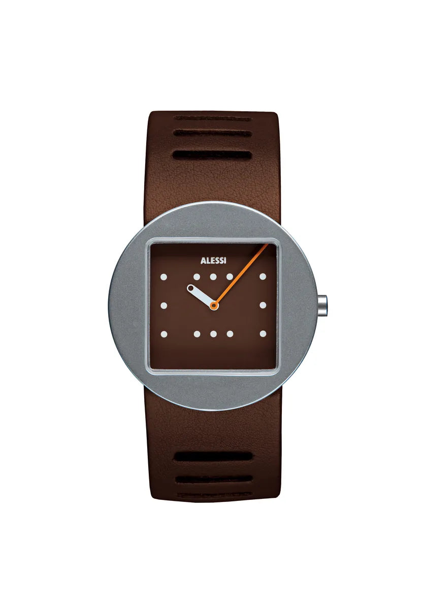 Alessi — Ontime AL14001 | Orologio in acciaio e pelle marrone — design italiano Alessi