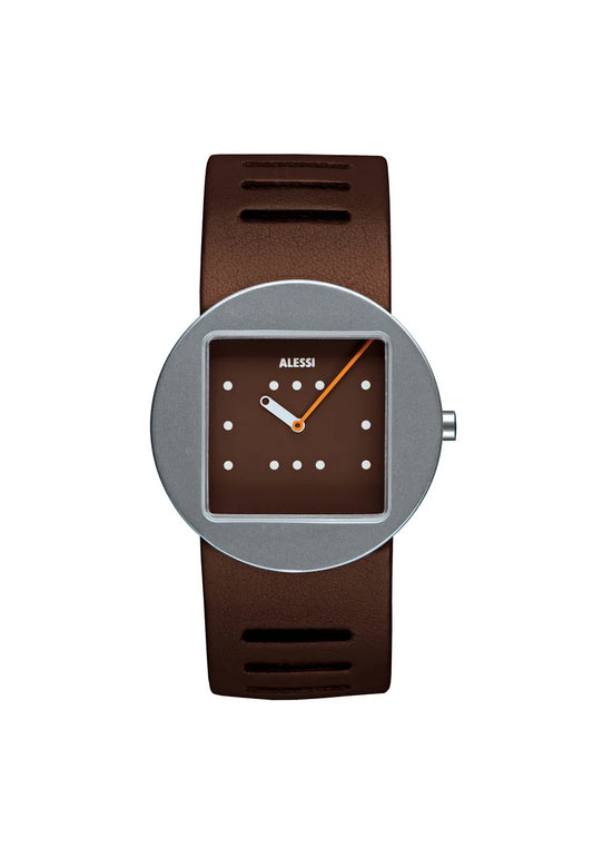 Alessi — Ontime AL14001 | Orologio in acciaio e pelle marrone — design italiano Alessi