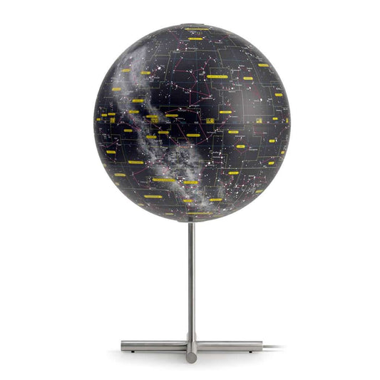 Atmosphere NG Heavens Posh Edition — lampada mappamondo celeste National Geographic, base in acciaio, vista frontale