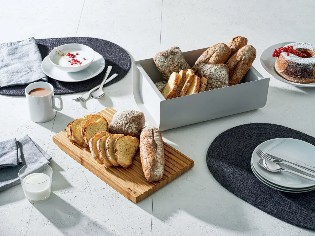 Alessi — Mattina BG03 WG | Cassetta del pane Warm Grey con tagliere — dettaglio