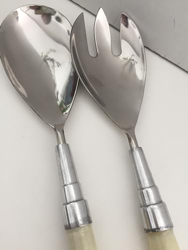 Salad Servers in Steel and Mother of Pearl 32cm Cream