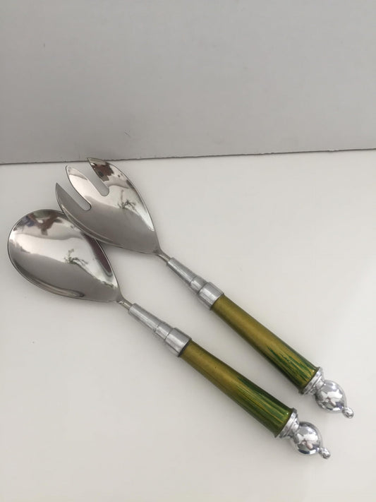 Salad Servers in Steel and Green Mother of Pearl