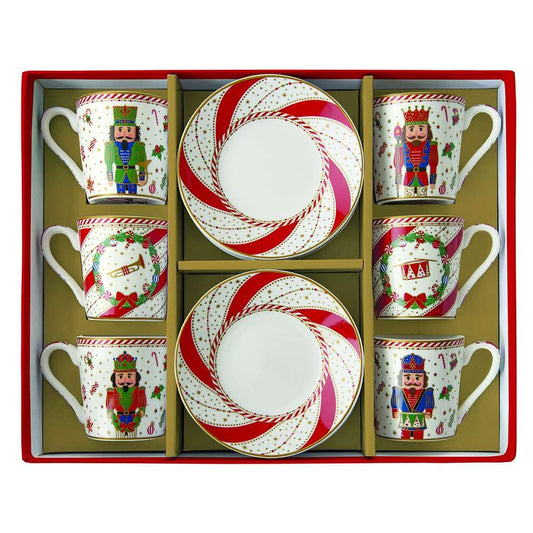 Easy Life - Set of 6 "Nutcracker" Porcelain Coffee Cups with Saucers