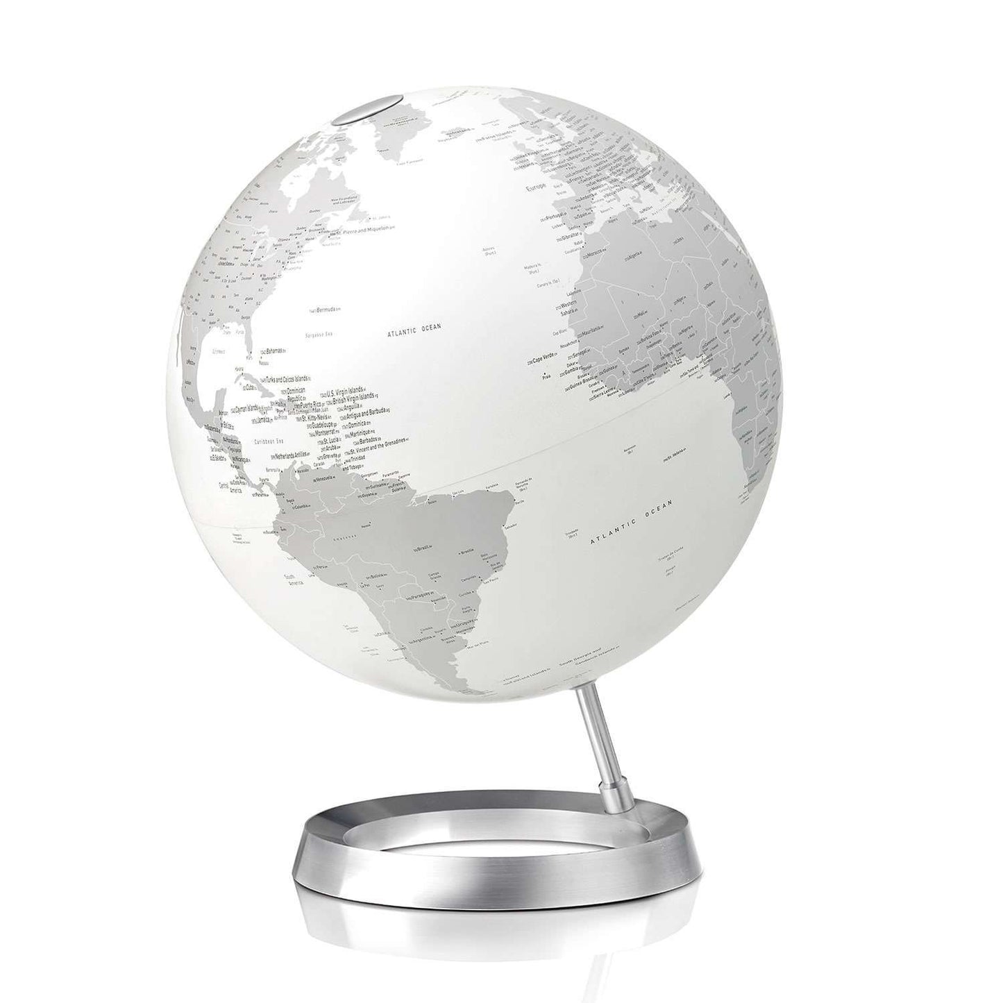 Atmosphere Full Circle Vision White — mappamondo bianco su base ellittica in alluminio cromato