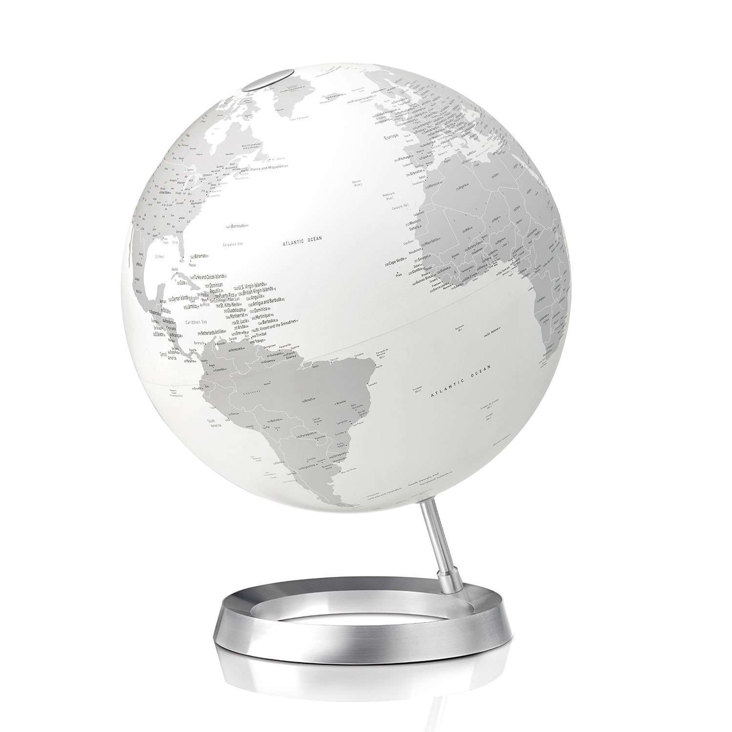 Atmosphere Full Circle Vision White — mappamondo bianco su base ellittica in alluminio cromato