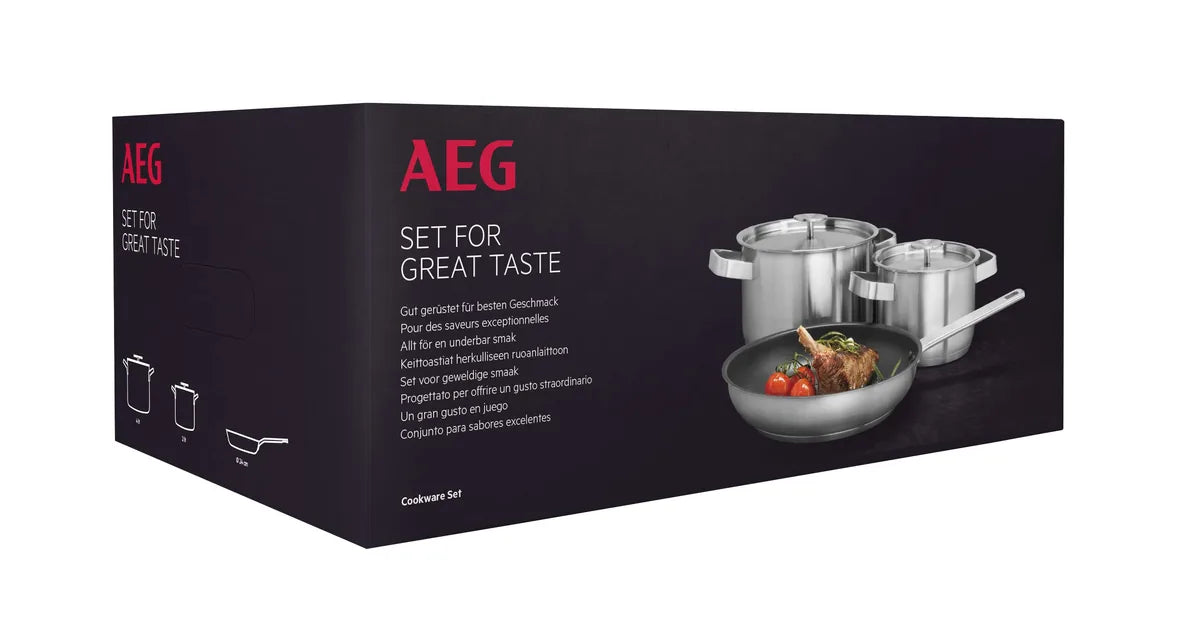 AEG Set 3 Padelle e Pentole acciaio inox antiaderente con manico ergonomico