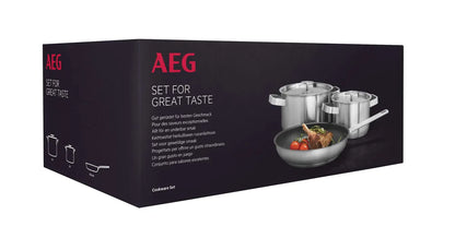 AEG Set 3 Padelle e Pentole acciaio inox antiaderente con manico ergonomico