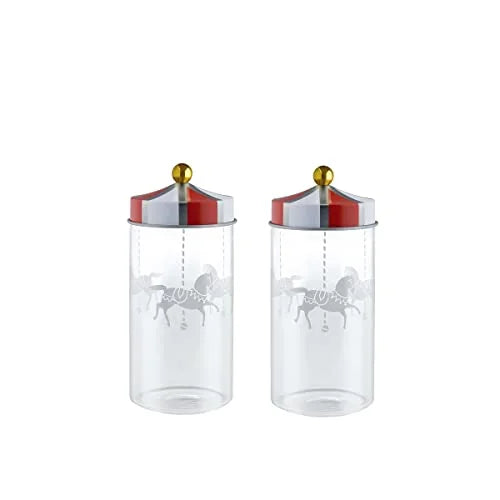 Alessi Circus contenitore spezie vetro serigrafato multicolore coperchio stagnato