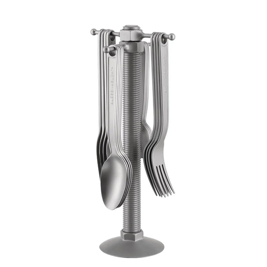 Alessi Conversational Objects set posate 16 pezzi Virgil Abloh acciaio inossidabile finitura opaca con portaposate