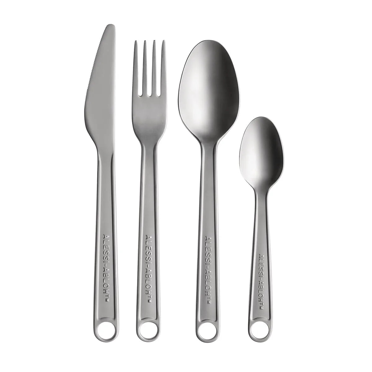 Alessi Conversational Objects set posate 16 pezzi Virgil Abloh acciaio inossidabile finitura opaca con portaposate