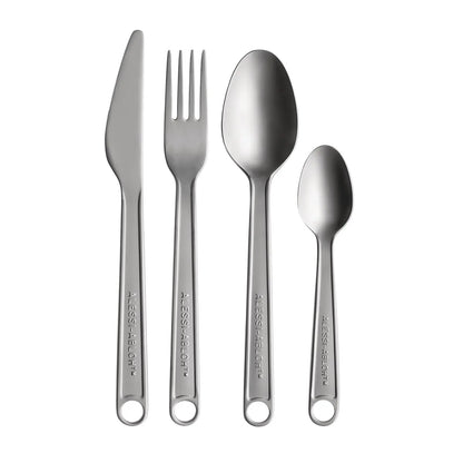 Alessi Conversational Objects set posate 16 pezzi Virgil Abloh acciaio inossidabile finitura opaca con portaposate