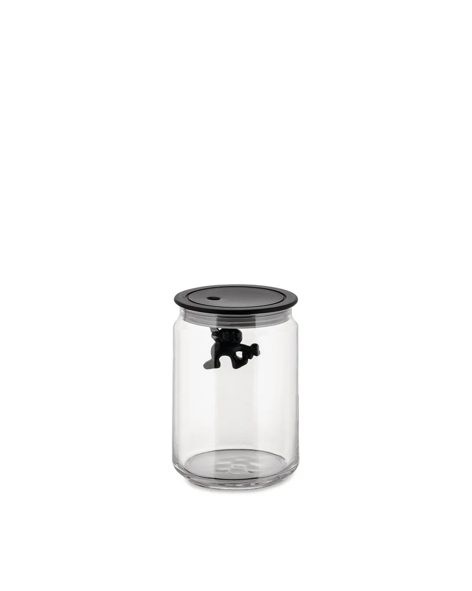 Alessi barattolo Gianni in vetro con coperchio azzurro, design di Mattia Di Rosa