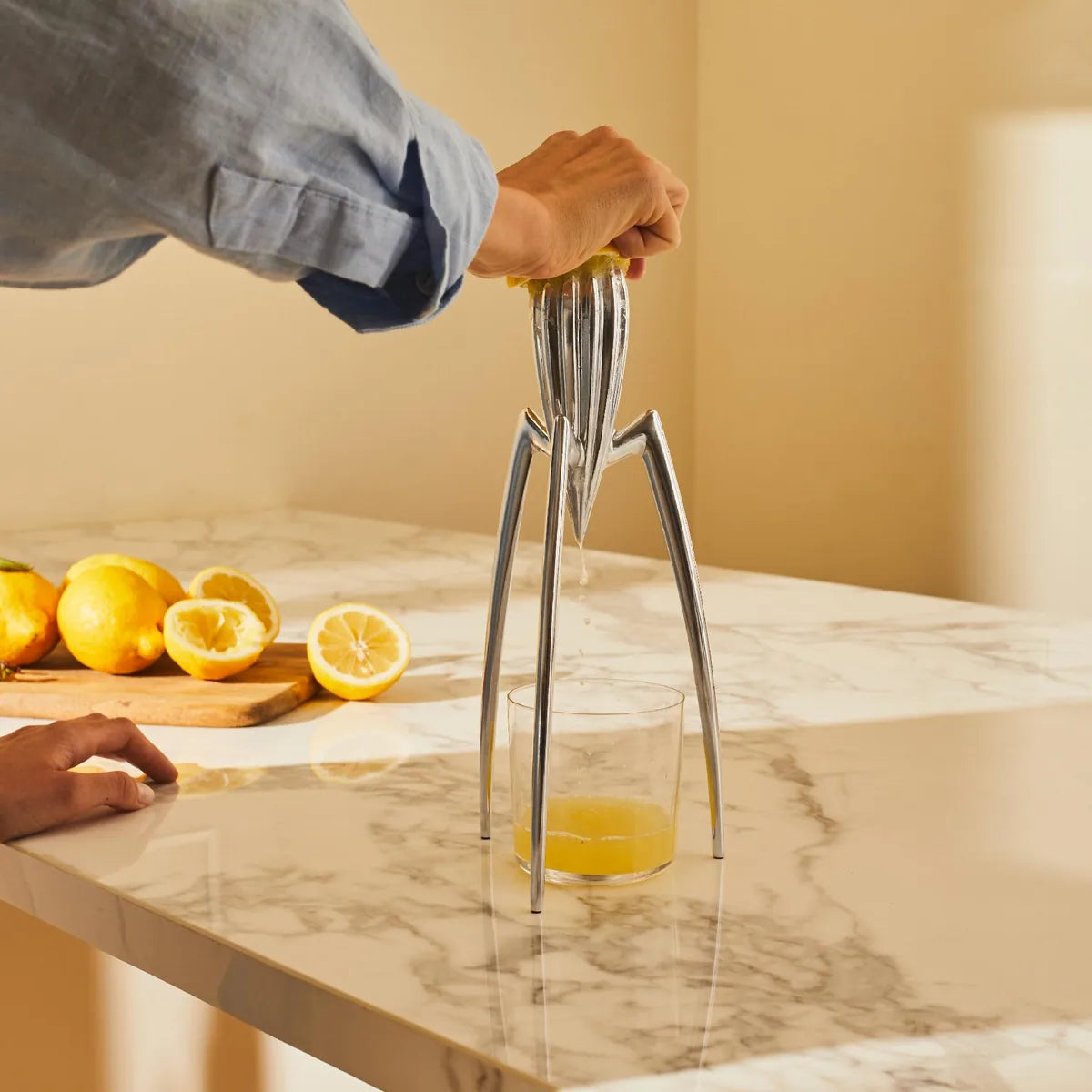 Alessi Spremiagrumi Juicy Salif alluminio Philippe Starck argento e bianco
