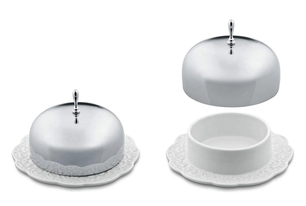 Alessi portaburro porcellana bianca coperchio acciaio inox lucido design Marcel Wanders