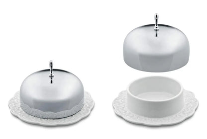 Alessi portaburro porcellana bianca coperchio acciaio inox lucido design Marcel Wanders