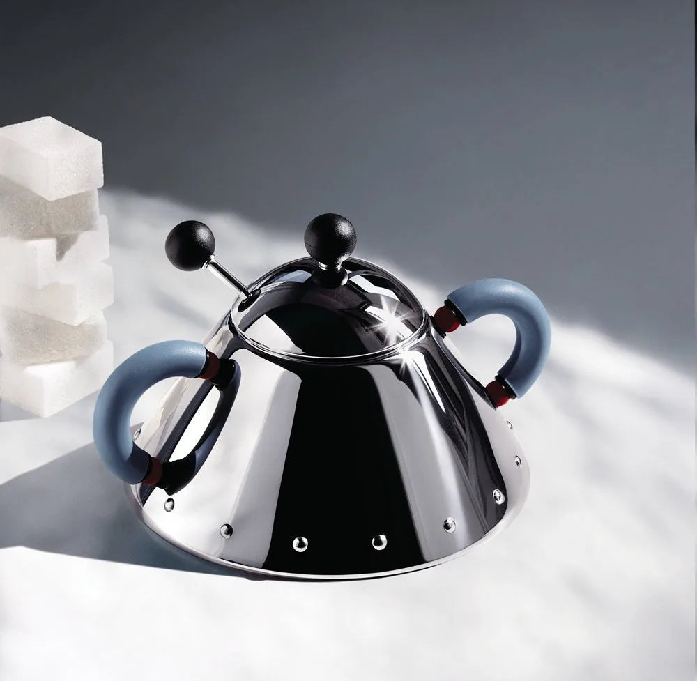 Alessi zuccheriera con cucchiaino in acciaio inox lucidato a specchio, design Michael Graves