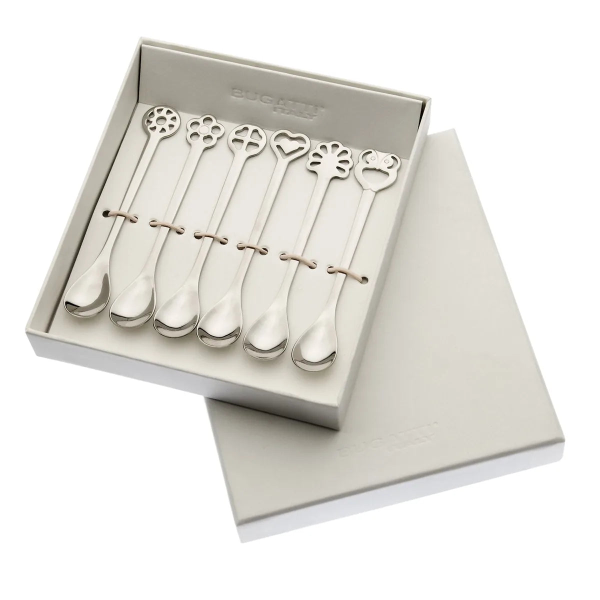Bugatti set 6 cucchiaini da caffè acciaio INOX 18/10 finitura lucida Porta Fortuna