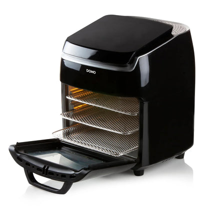 Domo friggitrice ad aria con cestello girevole nero, corpo termoisolato e display LED