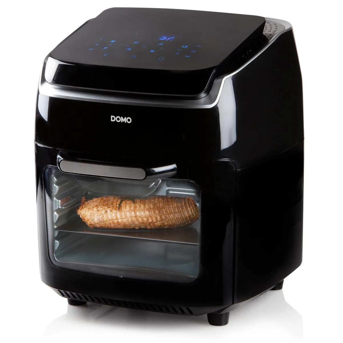 Domo friggitrice ad aria con cestello girevole nero, corpo termoisolato e display LED