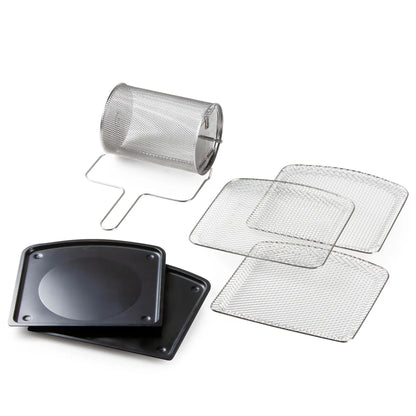 Domo friggitrice ad aria con cestello girevole nero, corpo termoisolato e display LED