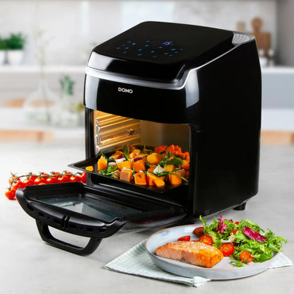 Domo friggitrice ad aria con cestello girevole nero, corpo termoisolato e display LED
