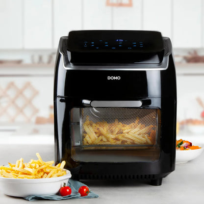 Domo friggitrice ad aria con cestello girevole nero, corpo termoisolato e display LED