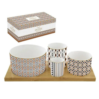 Easy Life Set Aperitivo 4 coppette porcellana vassoio bambù - Coffee Mania