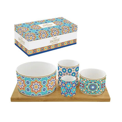 Easy Life Set Aperitivo 4 coppette porcellana vassoio bambou marrone
