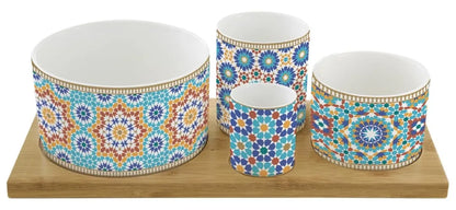 Easy Life Set Aperitivo 4 coppette porcellana vassoio bambou marrone