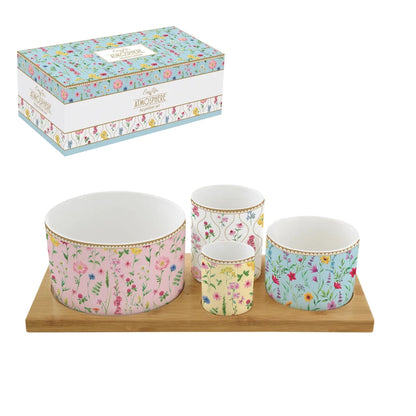 Easy Life Set Aperitivo 4 coppette porcellana su vassoio bambou