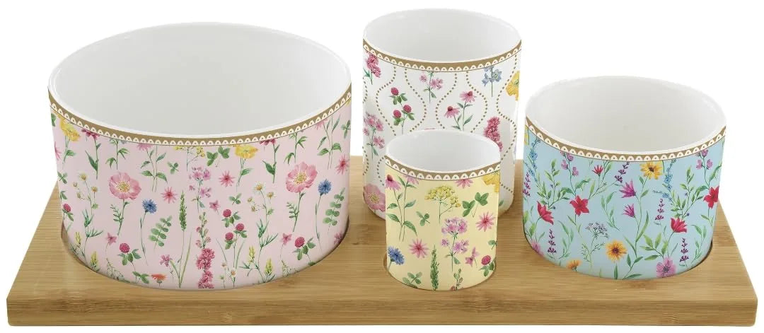 Easy Life Set Aperitivo 4 coppette porcellana su vassoio bambou