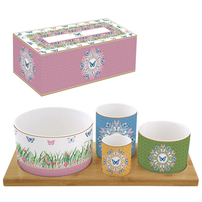 Easy Life set aperitivo 4 coppette porcellana vassoio bamboo bianco