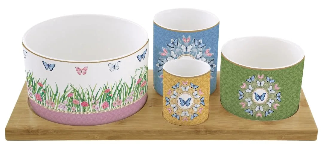 Easy Life set aperitivo 4 coppette porcellana vassoio bamboo bianco