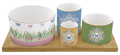 Easy Life set aperitivo 4 coppette porcellana vassoio bamboo bianco