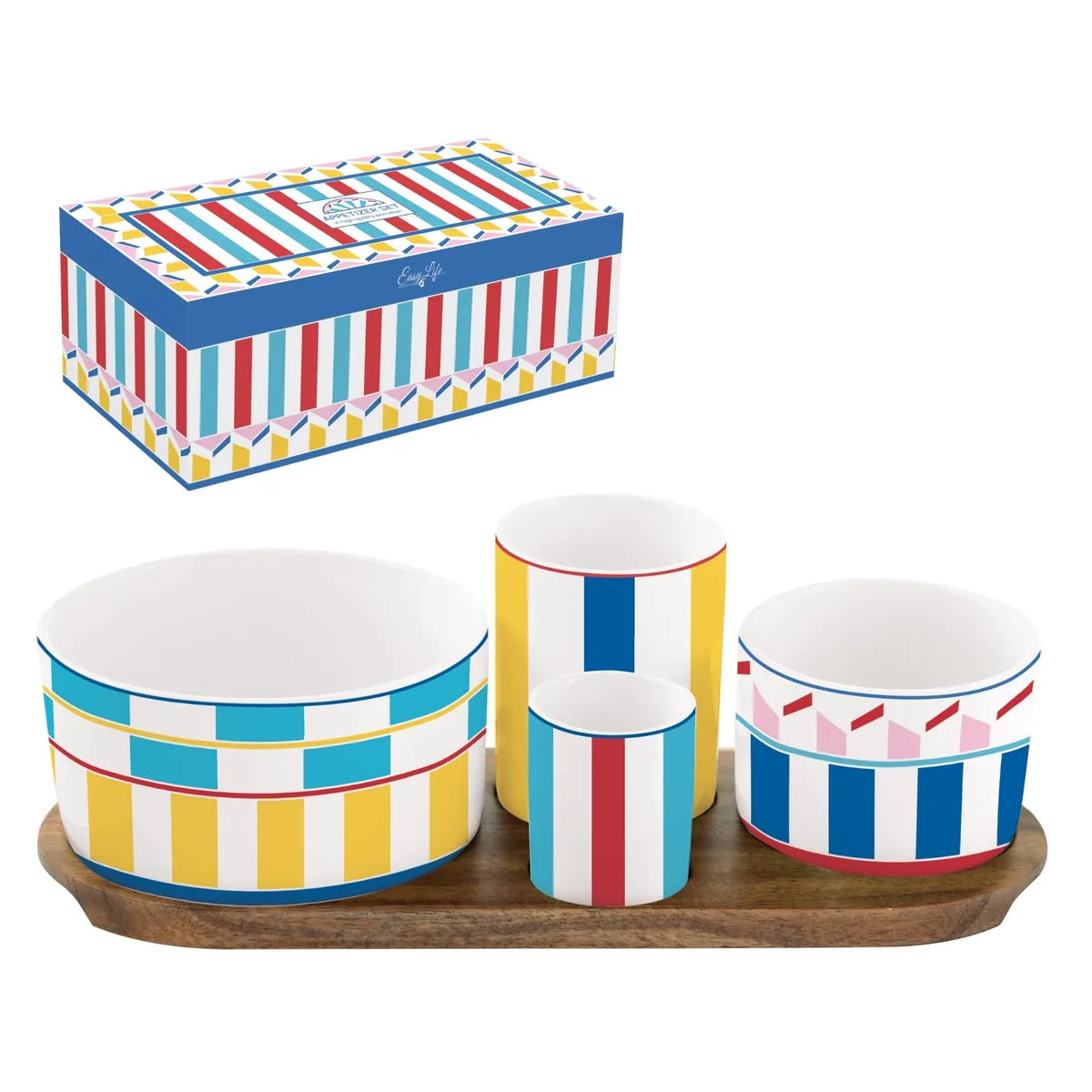 Easy Life Set Aperitivo 4 tazze porcellana Geocromia vassoio acacia