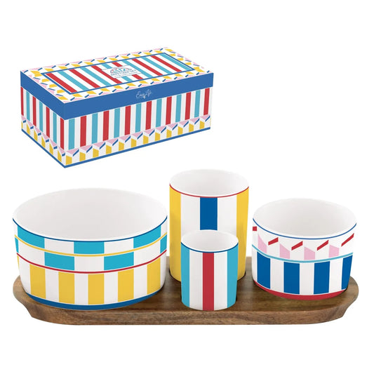 Easy Life Set Aperitivo 4 tazze porcellana Geocromia vassoio acacia