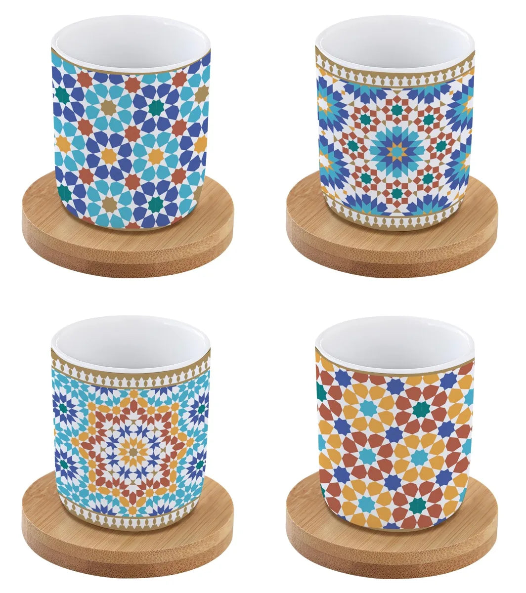 Easy Life Coffee Mania set 4 tazze caffè porcellana con piattino bambù multicolore