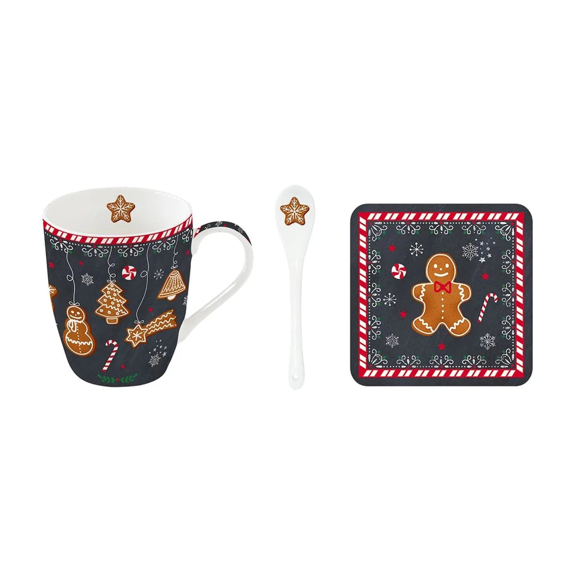 Easy Life Set Tazza Natale in porcellana nera con cucchiaino e sottobicchiere sughero