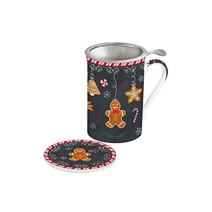 Easy Life Infusiera Natale porcellana nera con filtro acciaio inox e sottobicchiere