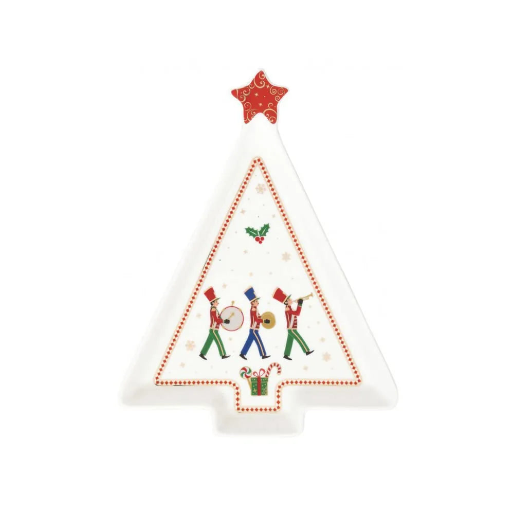 Easy Life piatto a forma di albero di Natale in porcellana bianca con decori rossi e banda musicale